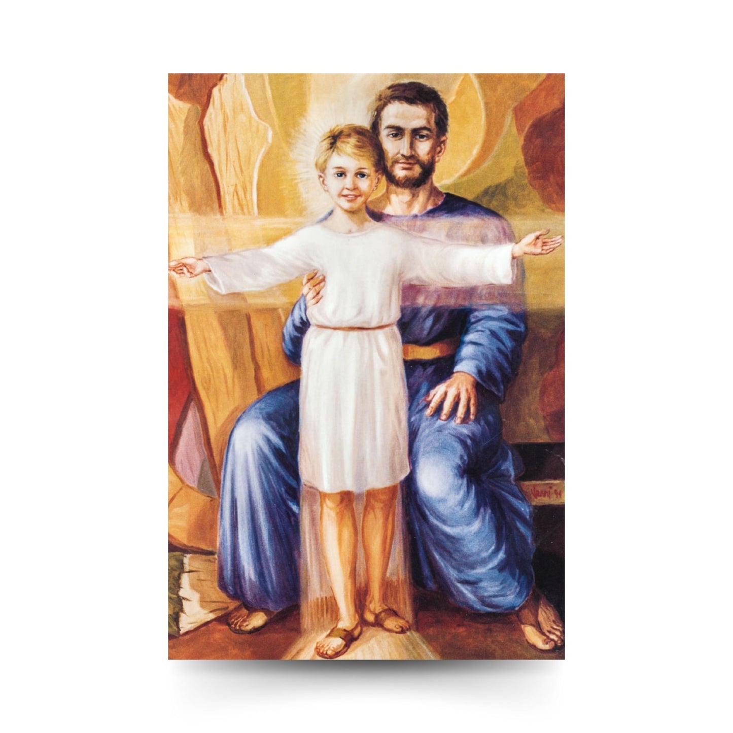 Cartolina San Giuseppe e Gesù ragazzo. Sul retro "Ti saluto Giuseppe"