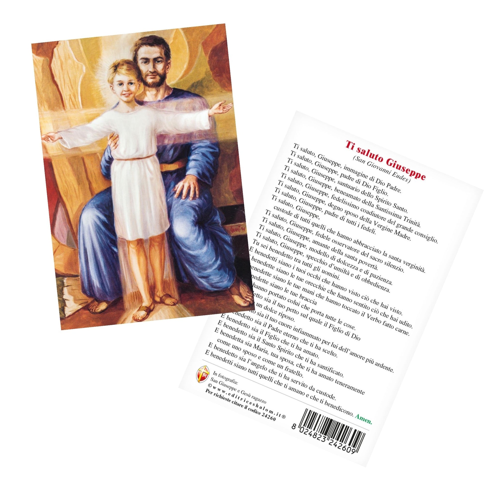 Cartolina San Giuseppe e Gesù ragazzo. Sul retro "Ti saluto Giuseppe"