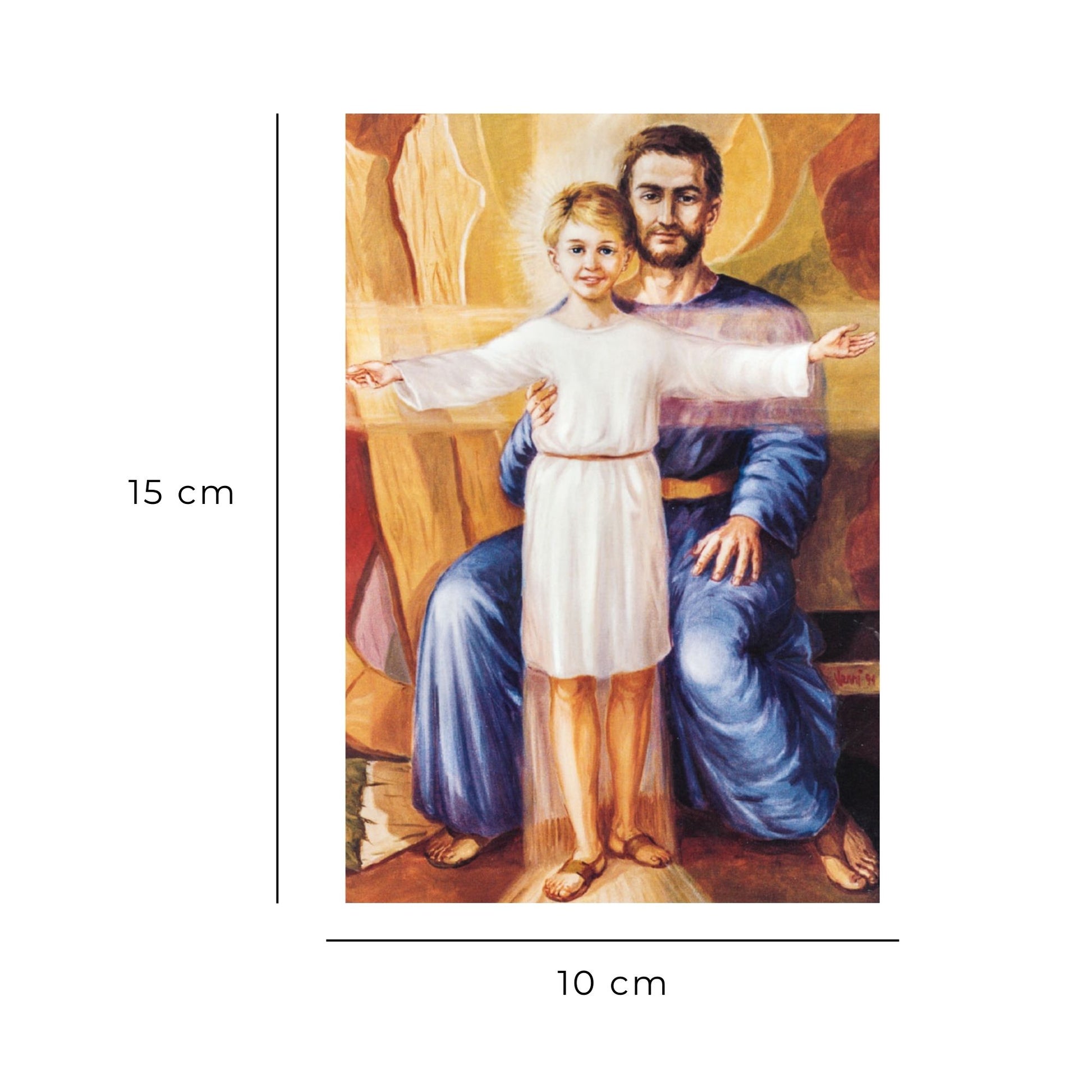 Cartolina San Giuseppe e Gesù ragazzo. Sul retro "Ti saluto Giuseppe"