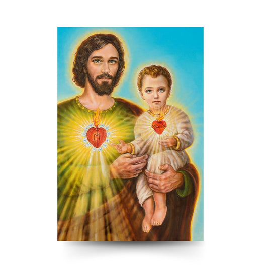 Cartolina San Giuseppe e Gesù Bambino. Sul retro "San Giuseppe, conforto di tutti coloro che si rivolgono a te"