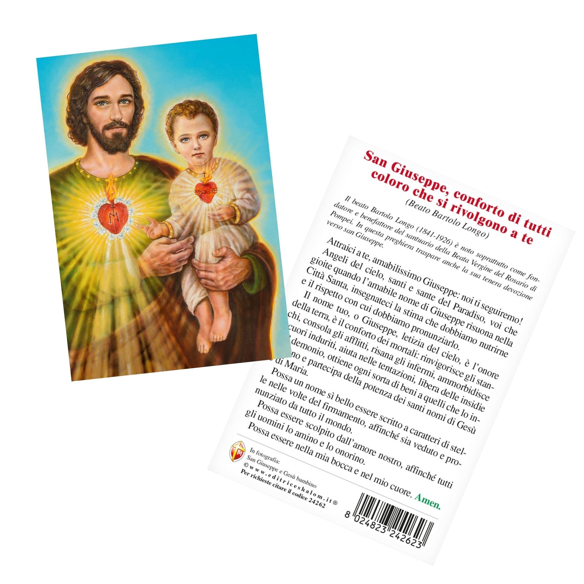 Cartolina San Giuseppe e Gesù Bambino. Sul retro "San Giuseppe, conforto di tutti coloro che si rivolgono a te"