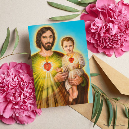Cartolina San Giuseppe e Gesù Bambino. Sul retro "San Giuseppe, conforto di tutti coloro che si rivolgono a te"