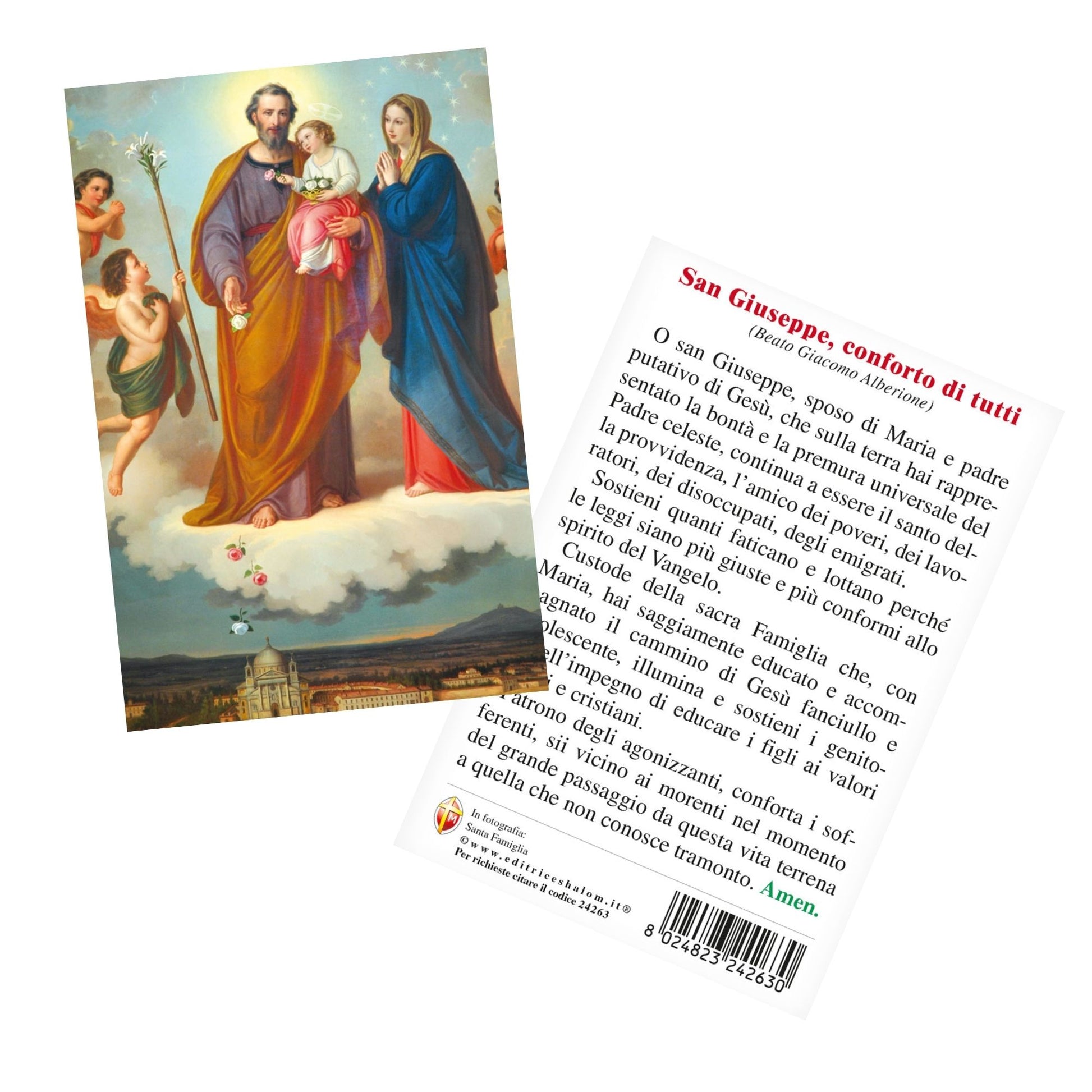 Cartolina Santa Famiglia. Sul retro "San Giuseppe, conforto di tutti"