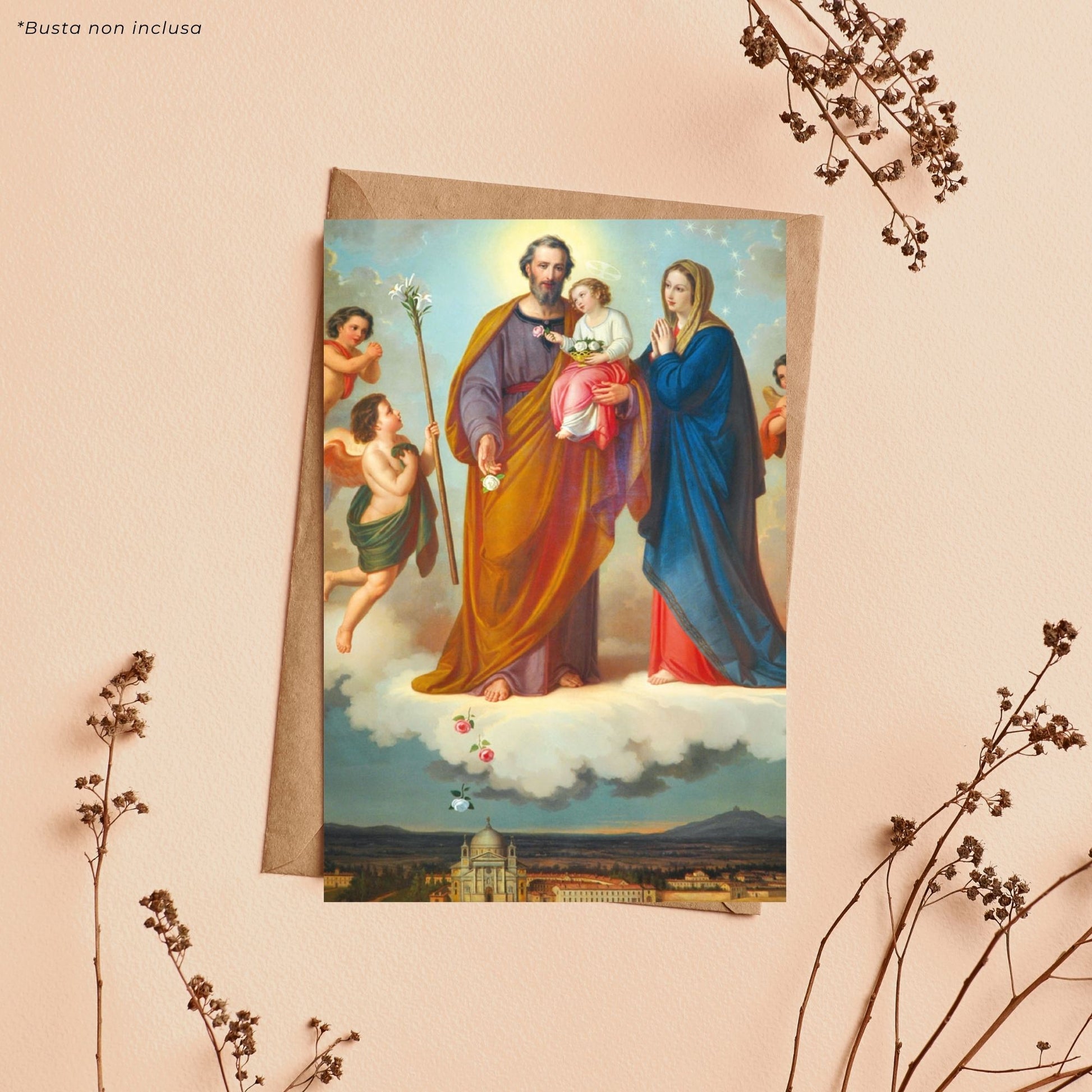 Cartolina Santa Famiglia. Sul retro "San Giuseppe, conforto di tutti"