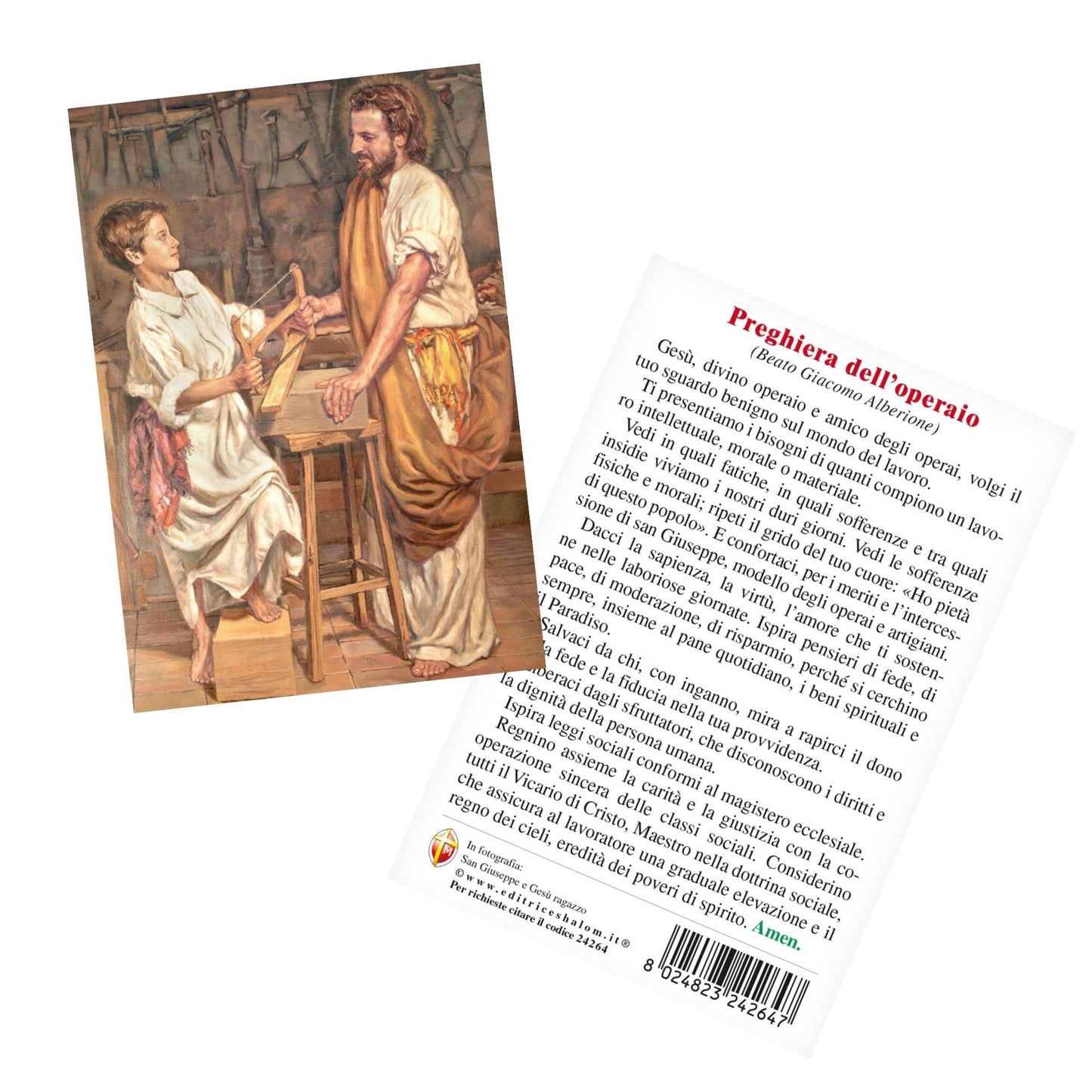 Cartolina San Giuseppe e Gesù ragazzo. Sul retro "Preghiera dell'operaio"