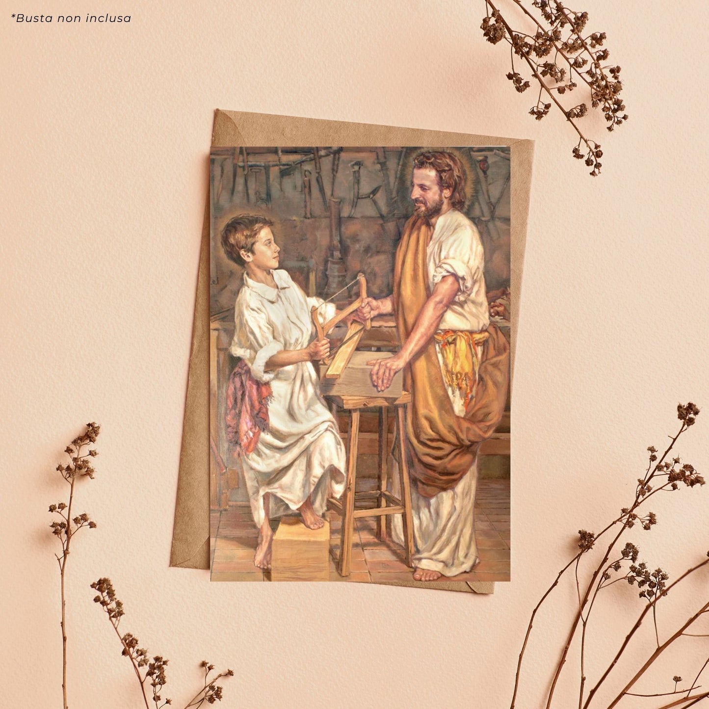 Cartolina San Giuseppe e Gesù ragazzo. Sul retro "Preghiera dell'operaio"