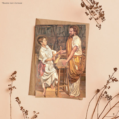 Cartolina San Giuseppe e Gesù ragazzo. Sul retro "Preghiera dell'operaio"