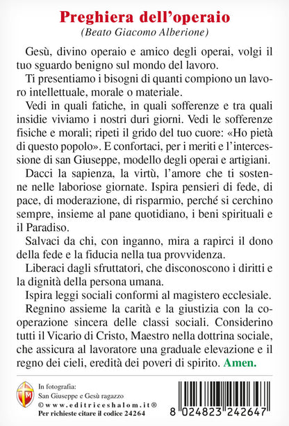 Cartolina San Giuseppe e Gesù ragazzo. Sul retro "Preghiera dell'operaio"