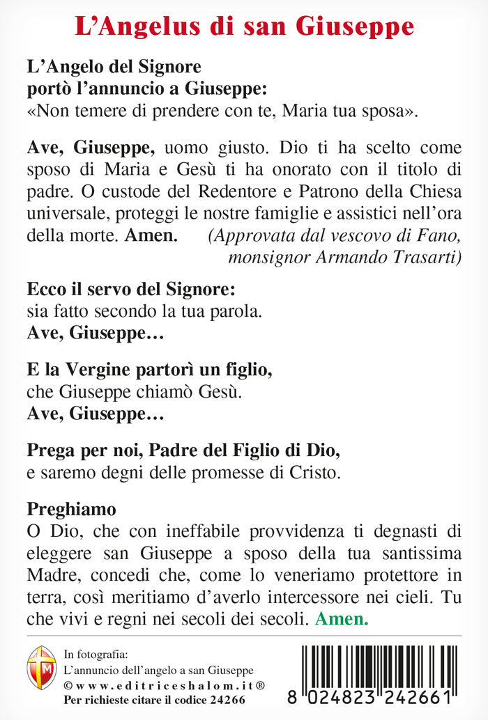 Cartolina Annuncio dell'angelo a San Giuseppe. Sul retro "L'Angelus di San Giuseppe"