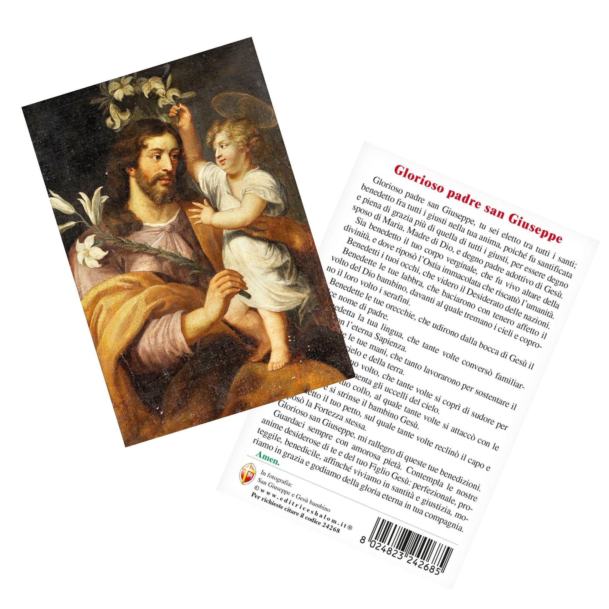 Cartolina San Giuseppe e Gesù Bambino. Sul retro "Glorioso padre san Giuseppe"