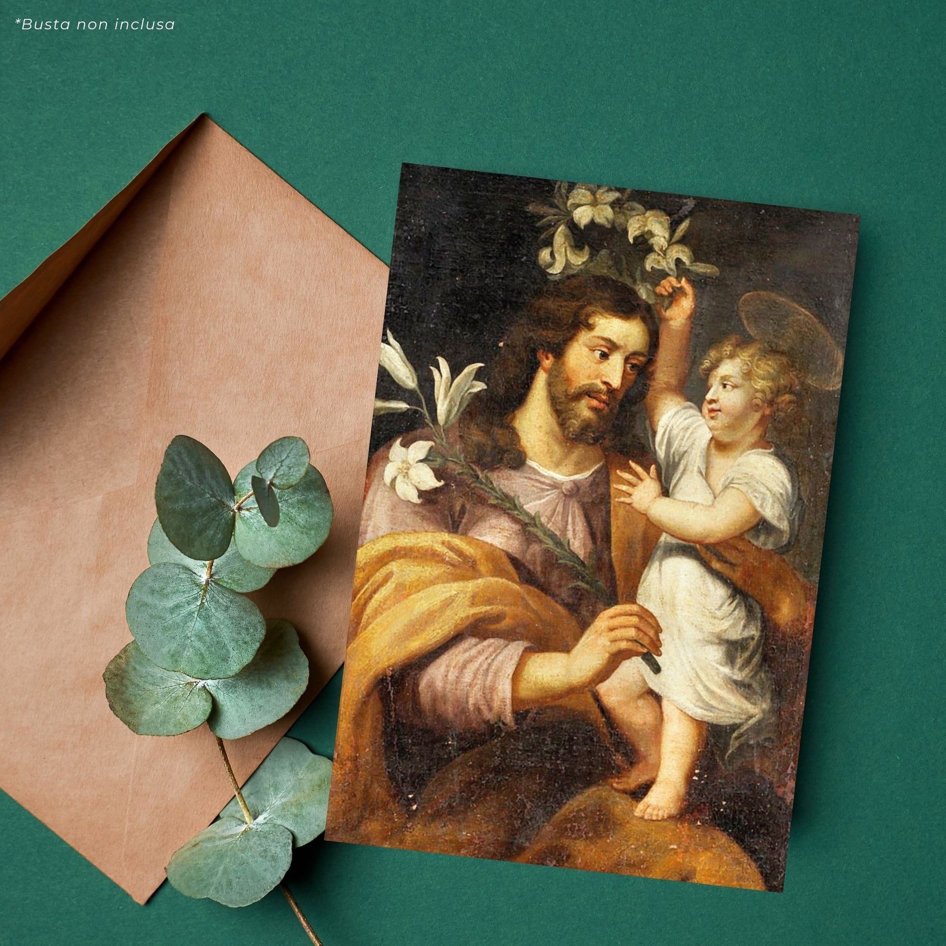 Cartolina San Giuseppe e Gesù Bambino. Sul retro "Glorioso padre san Giuseppe"