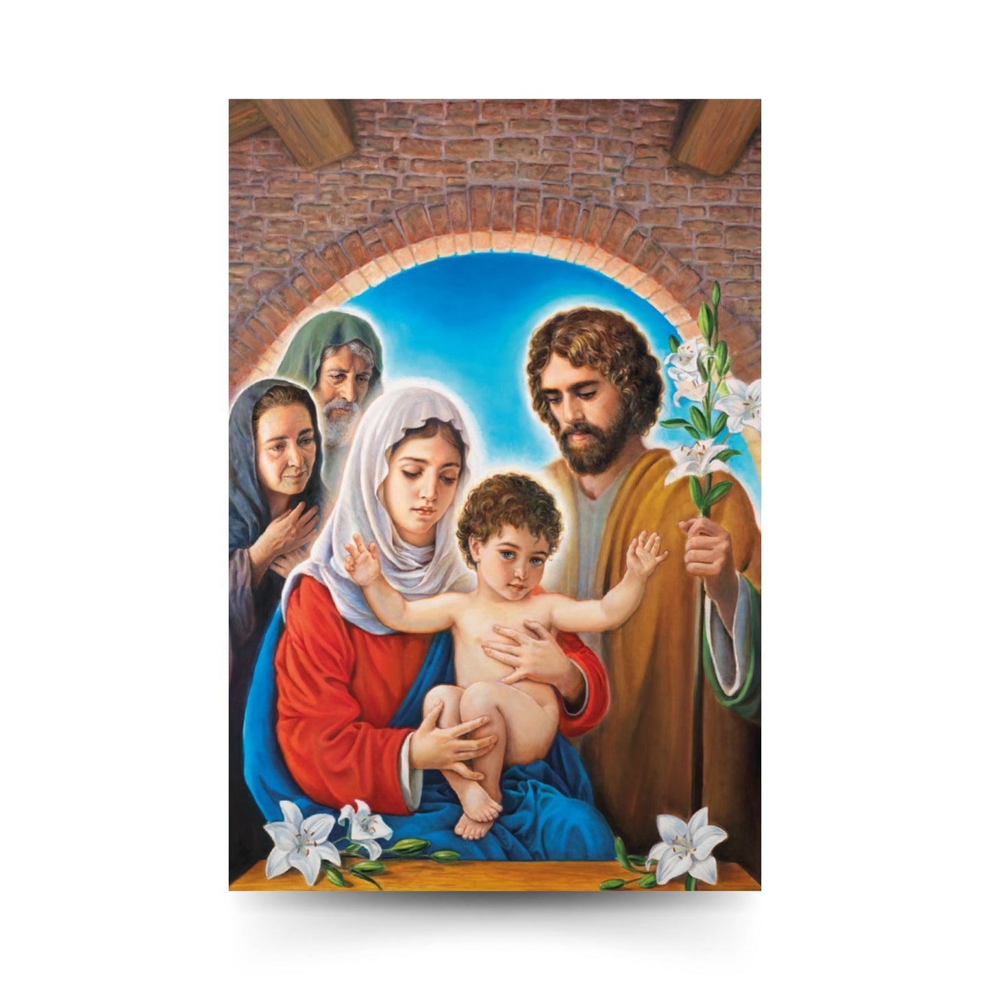 Cartolina Santa Famiglia e Santi nonni. Sul retro "San Giuseppe patrono dei lavoratori"