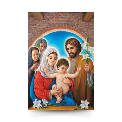Cartolina Santa Famiglia e Santi nonni. Sul retro "San Giuseppe patrono dei lavoratori"