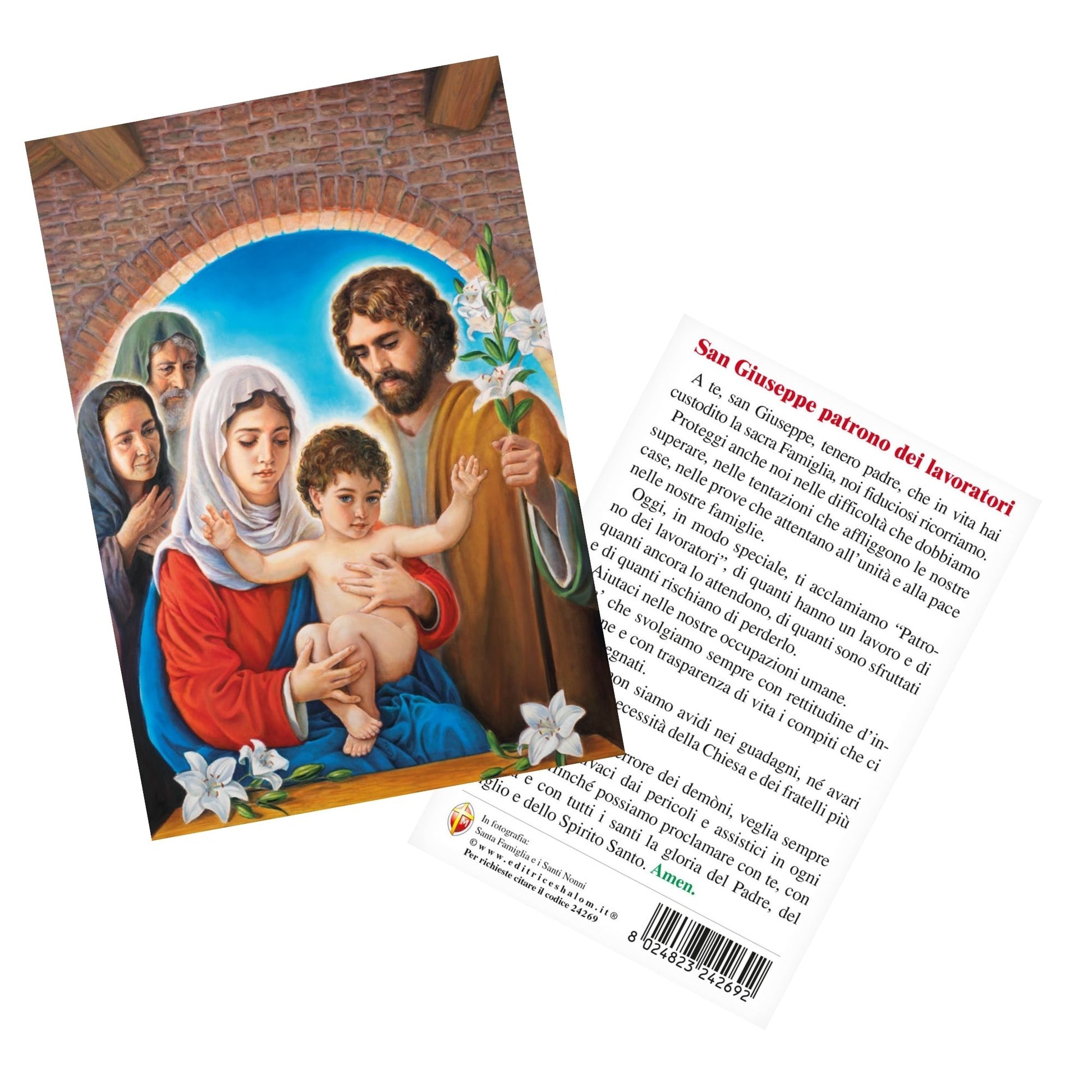 Cartolina Santa Famiglia e Santi nonni. Sul retro "San Giuseppe patrono dei lavoratori"