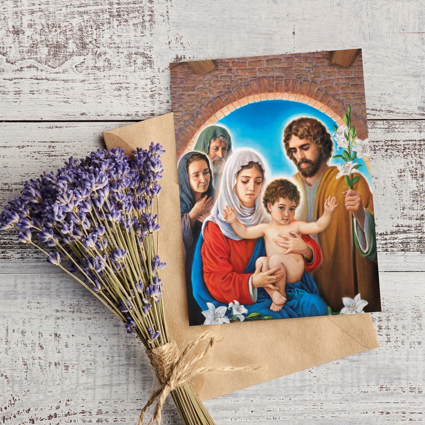 Cartolina Santa Famiglia e Santi nonni. Sul retro "San Giuseppe patrono dei lavoratori"