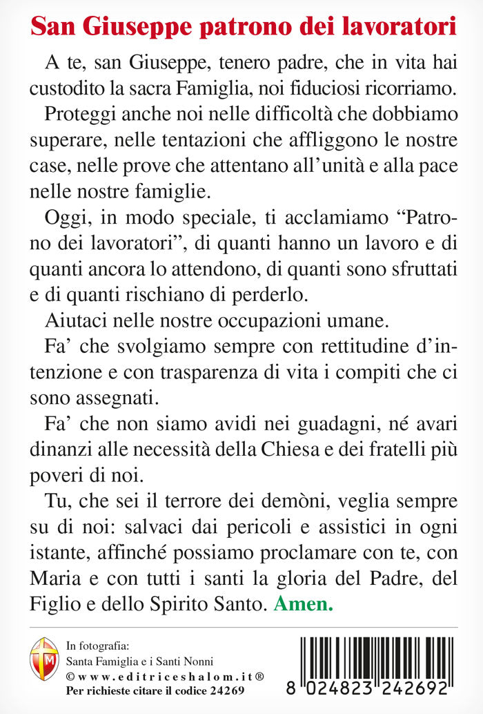 Cartolina Santa Famiglia e Santi nonni. Sul retro "San Giuseppe patrono dei lavoratori"