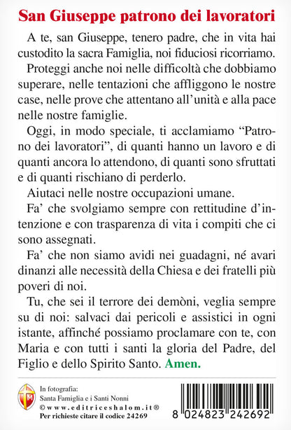 Cartolina Santa Famiglia e Santi nonni. Sul retro "San Giuseppe patrono dei lavoratori"