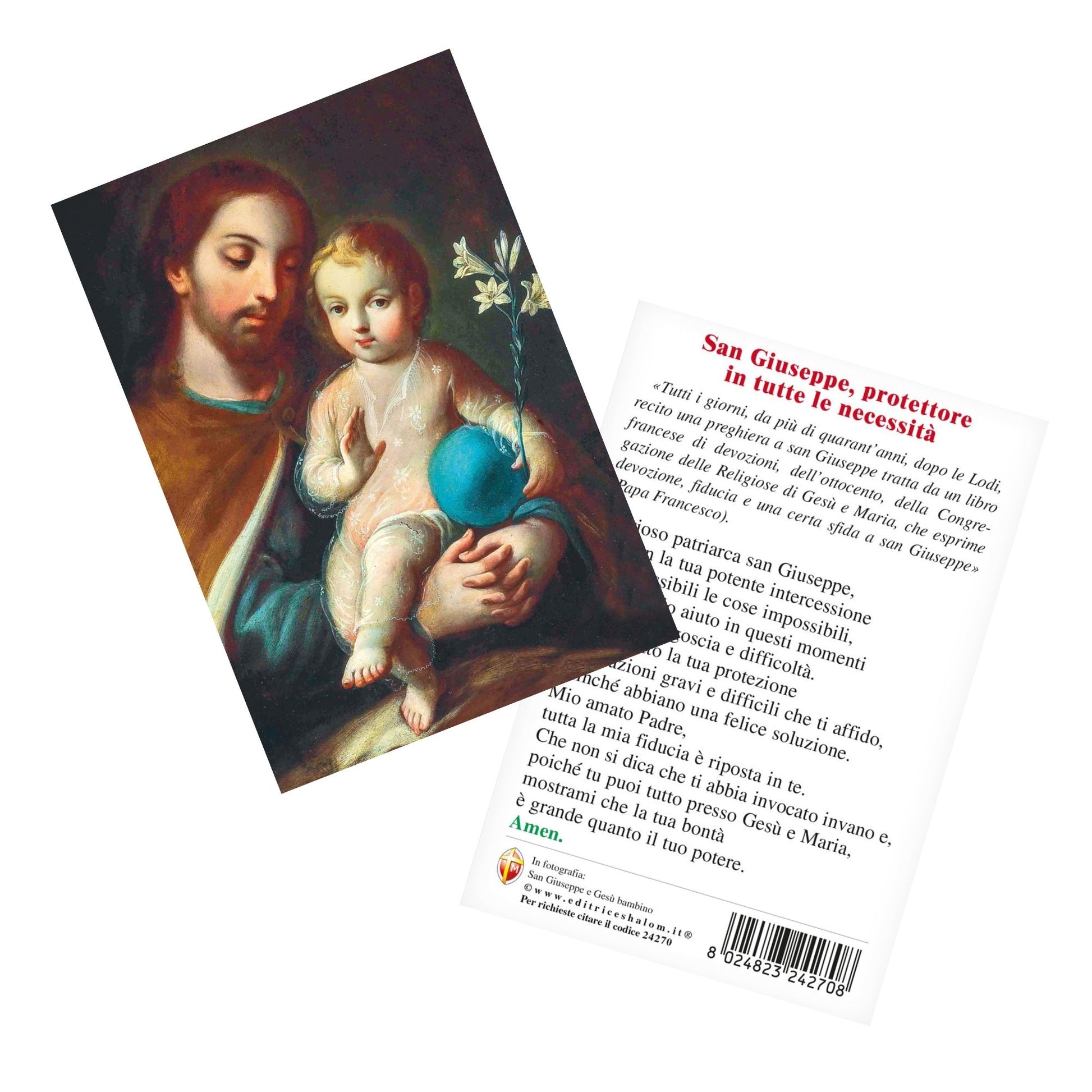 Cartolina San Giuseppe e Gesù Bambino. Sul retro "San Giuseppe, protettore in tutte le necessità"