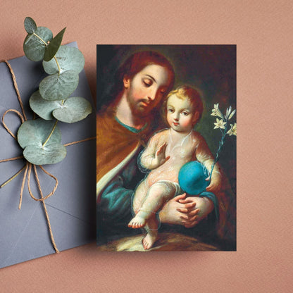 Cartolina San Giuseppe e Gesù Bambino. Sul retro "San Giuseppe, protettore in tutte le necessità"