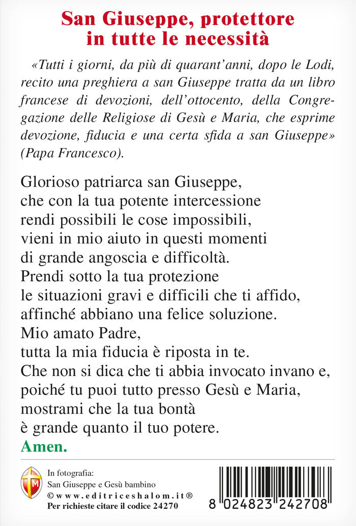 Cartolina San Giuseppe e Gesù Bambino. Sul retro "San Giuseppe, protettore in tutte le necessità"