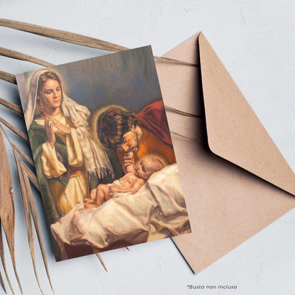 Cartolina Santa Famiglia. Sul retro "San Giuseppe, ci affidiamo alle tue cure"