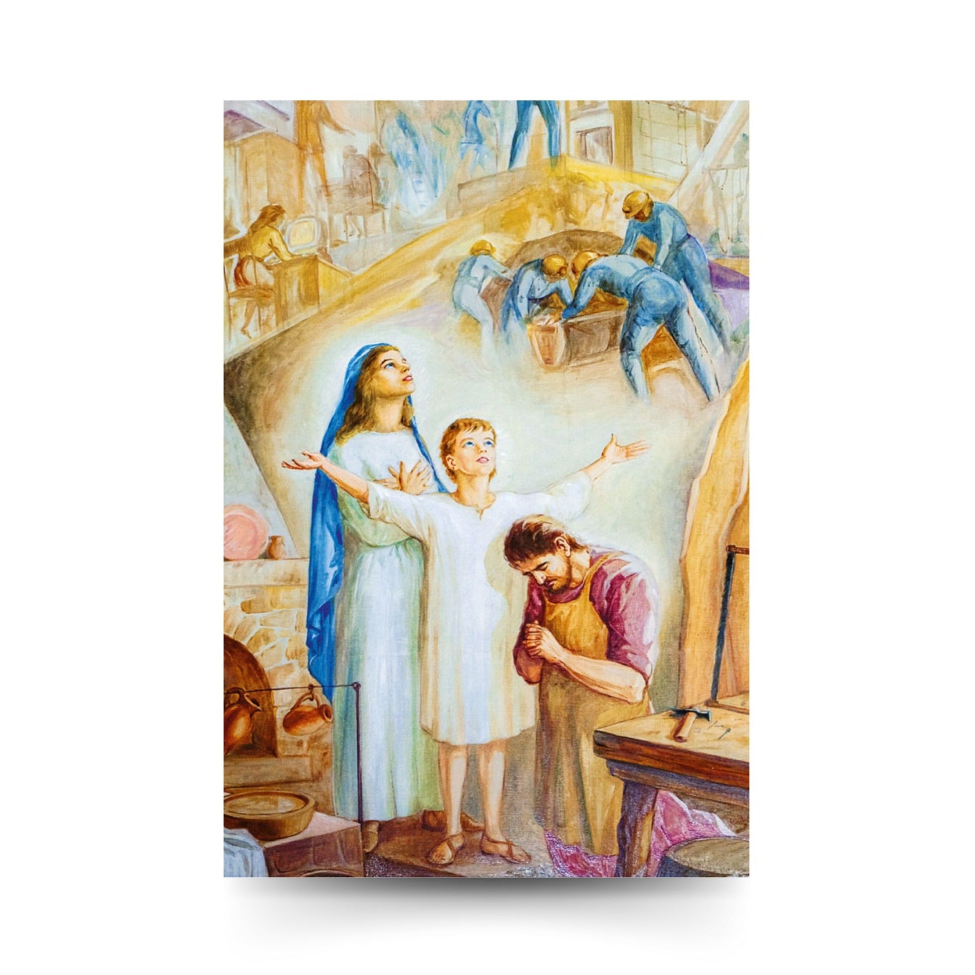 Cartolina Santa Famiglia. Sul retro "San Giuseppe, ci rivolgiamo a te con fiducia"