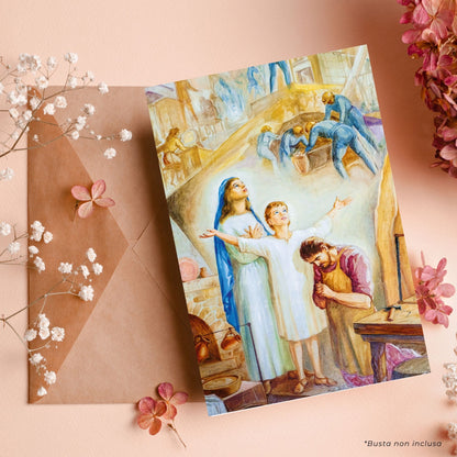 Cartolina Santa Famiglia. Sul retro "San Giuseppe, ci rivolgiamo a te con fiducia"