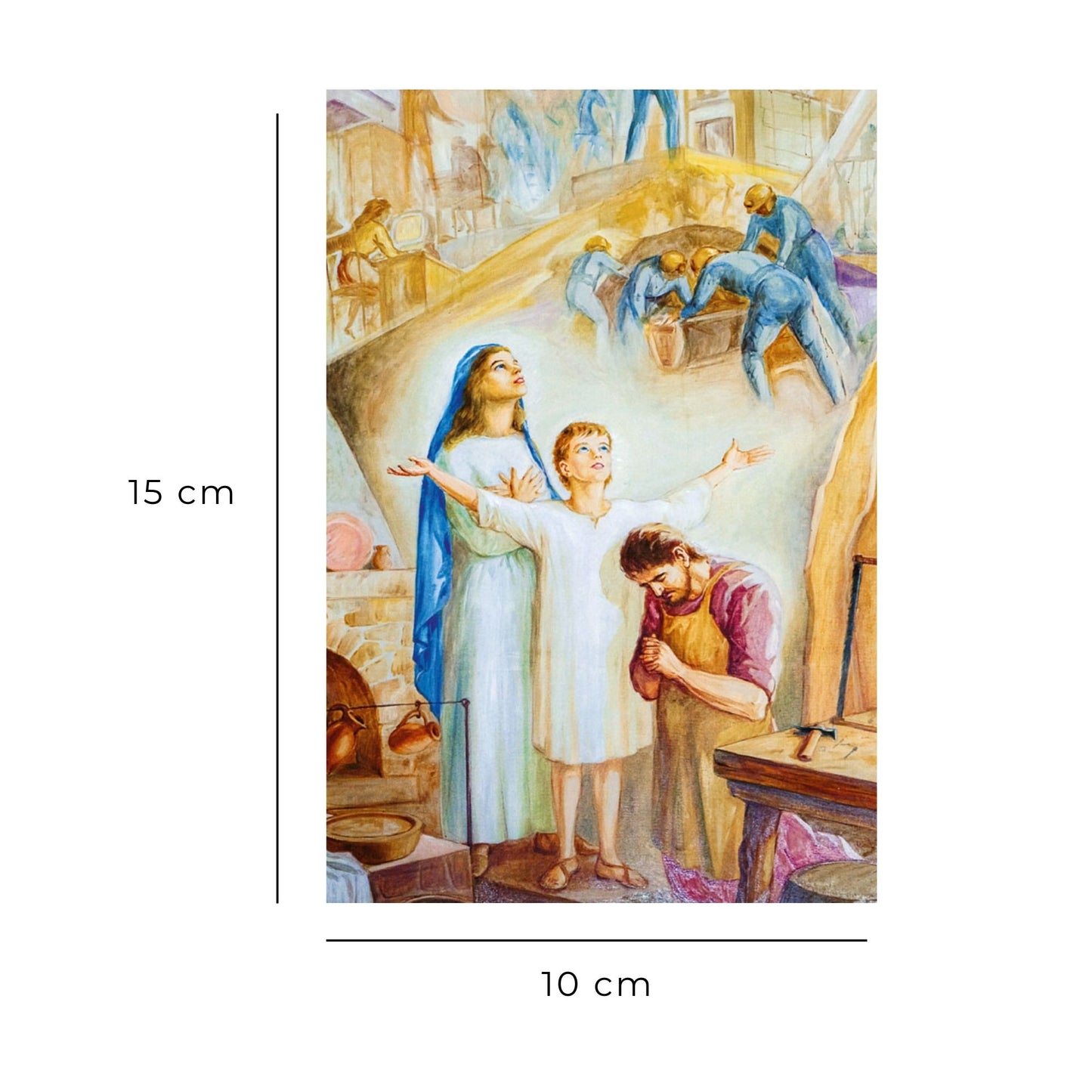 Cartolina Santa Famiglia. Sul retro "San Giuseppe, ci rivolgiamo a te con fiducia"