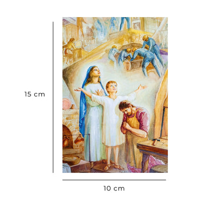 Cartolina Santa Famiglia. Sul retro "San Giuseppe, ci rivolgiamo a te con fiducia"