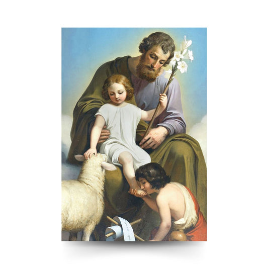 Cartolina San Giuseppe e Gesù Bambino. Sul retro "San Giuseppe, ci rivolgiamo a te"
