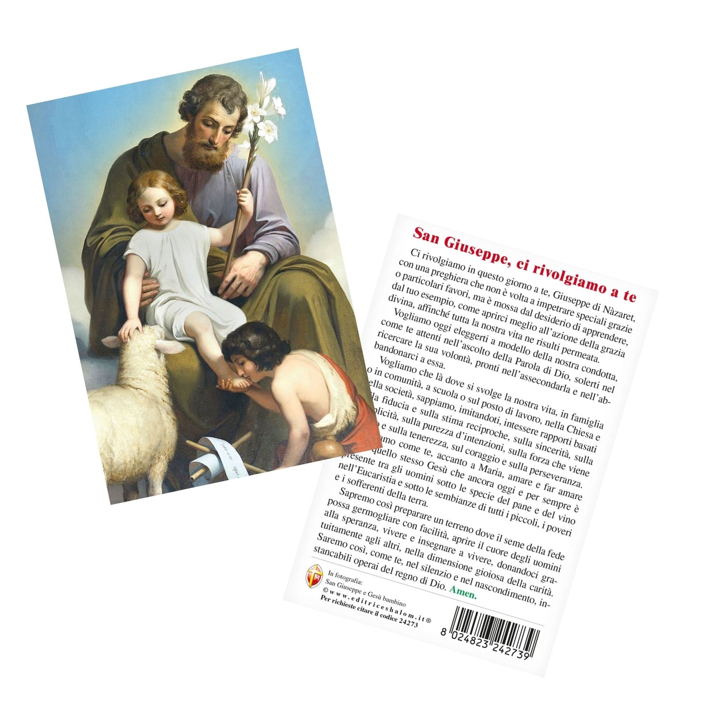 Cartolina San Giuseppe e Gesù Bambino. Sul retro "San Giuseppe, ci rivolgiamo a te"