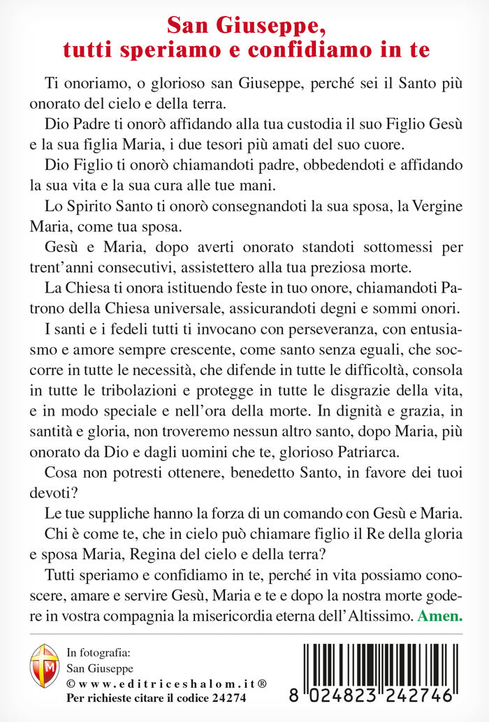 Cartolina San Giuseppe. Sul retro "San Giuseppe, tutti speriamo e confidiamo in te"