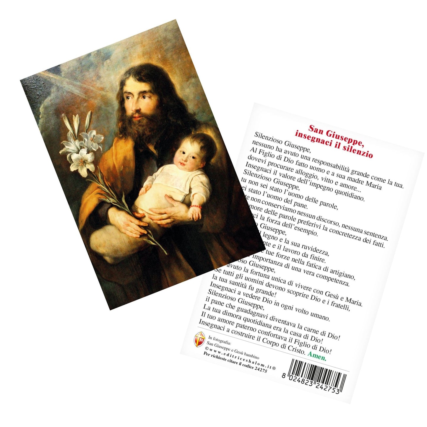 Cartolina San Giuseppe e Gesù Bambino. Sul retro "San Giuseppe, insegnaci il silenzio"