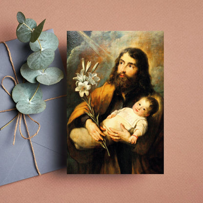 Cartolina San Giuseppe e Gesù Bambino. Sul retro "San Giuseppe, insegnaci il silenzio"