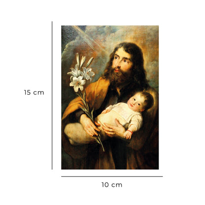 Cartolina San Giuseppe e Gesù Bambino. Sul retro "San Giuseppe, insegnaci il silenzio"