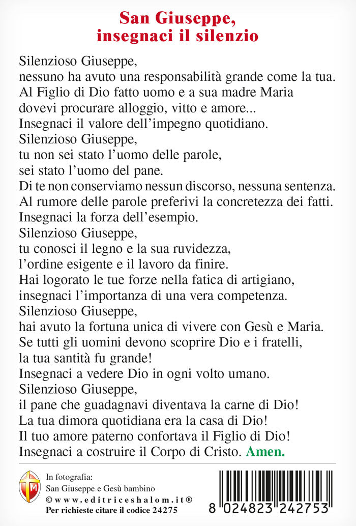 Cartolina San Giuseppe e Gesù Bambino. Sul retro "San Giuseppe, insegnaci il silenzio"