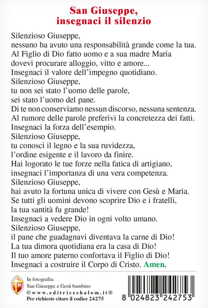 Cartolina San Giuseppe e Gesù Bambino. Sul retro "San Giuseppe, insegnaci il silenzio"