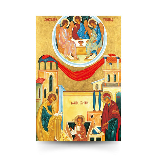 Cartolina Icona Santa Famiglia. Sul retro "San Giuseppe, intercedi per noi"