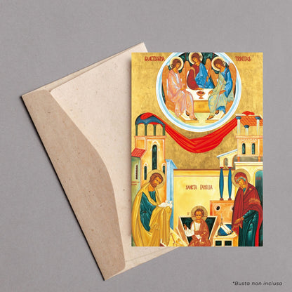 Cartolina Icona Santa Famiglia. Sul retro "San Giuseppe, intercedi per noi"