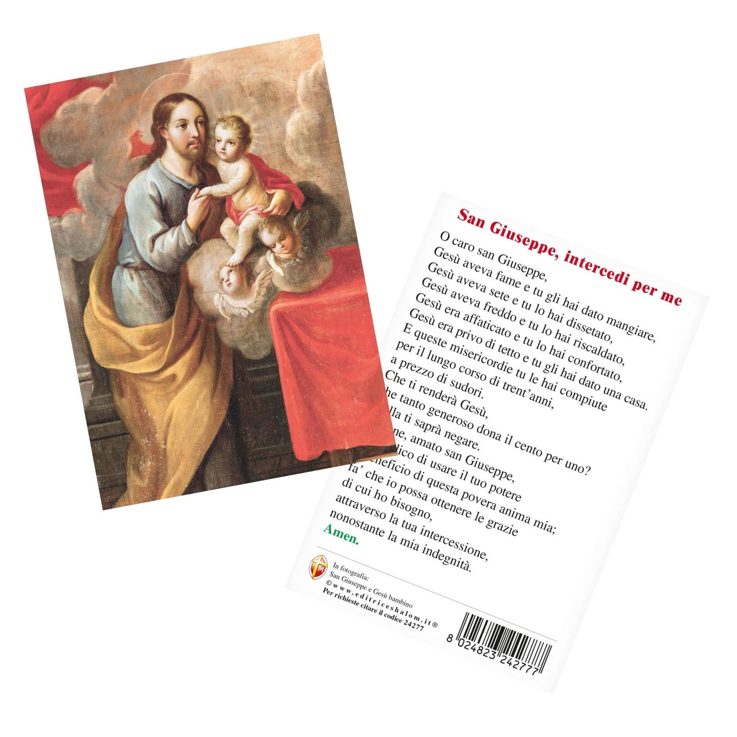 Cartolina San Giuseppe e Gesù Bambino. Sul retro "San Giuseppe, intercedi per me"