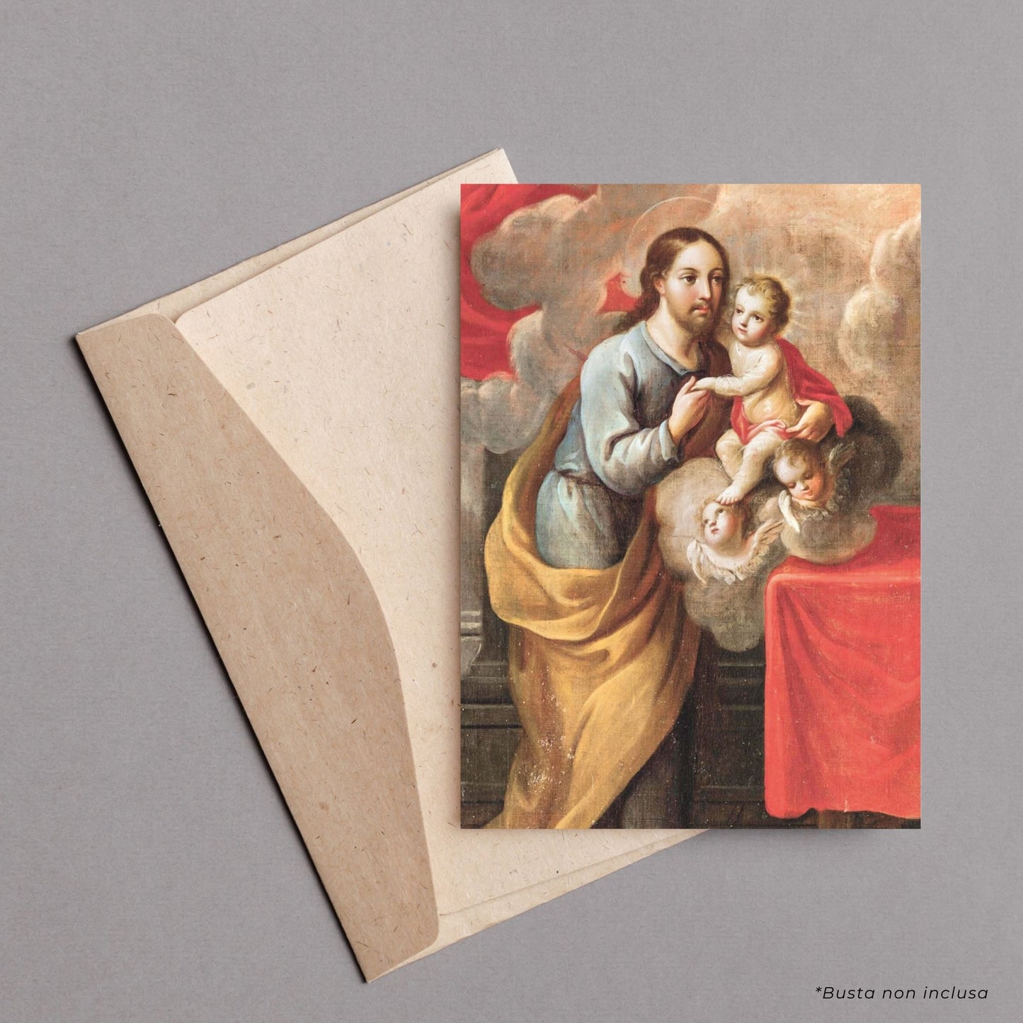 Cartolina San Giuseppe e Gesù Bambino. Sul retro "San Giuseppe, intercedi per me"