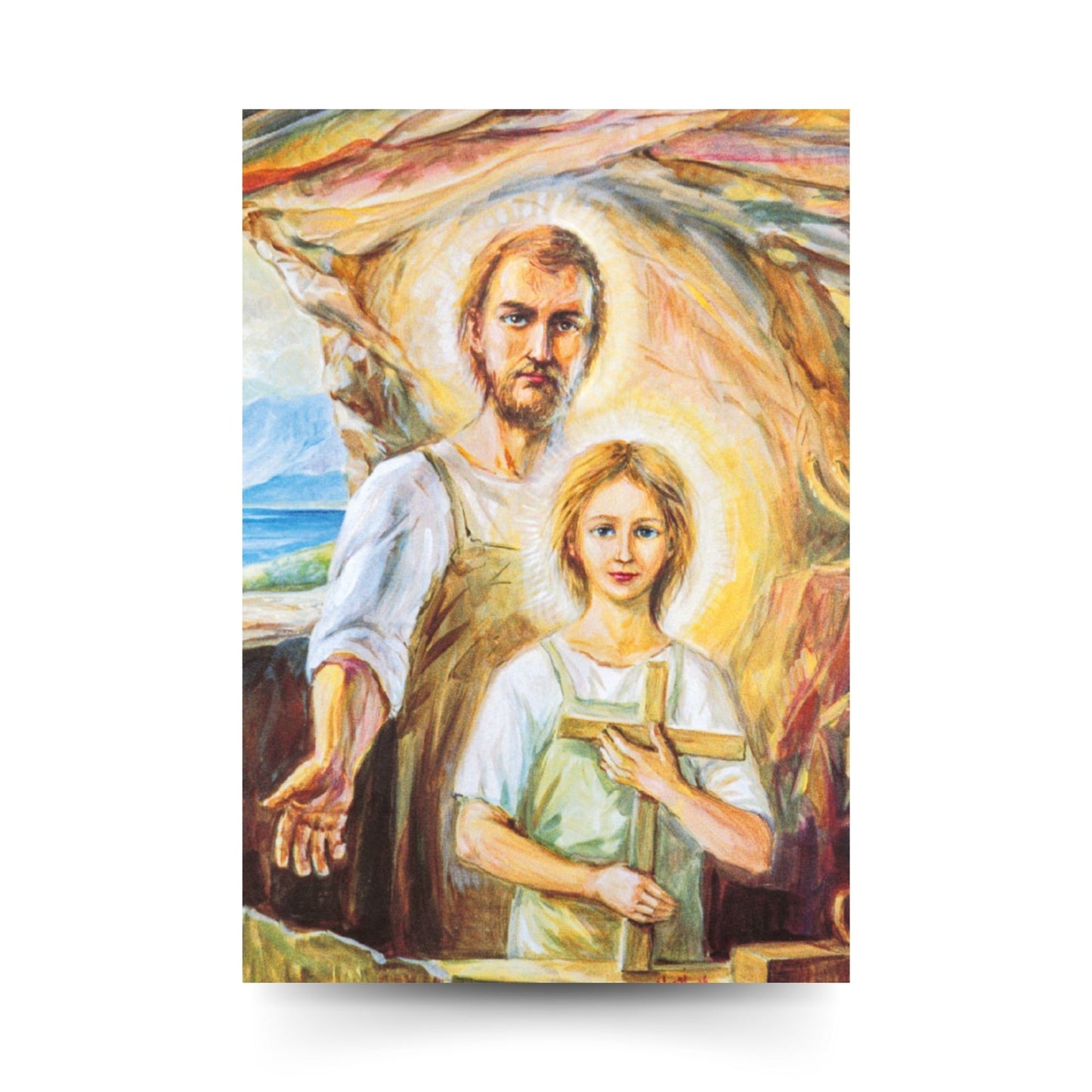 Cartolina San Giuseppe e Gesù ragazzo. Sul retro "San Giuseppe, aiutami a trovare lavoro"