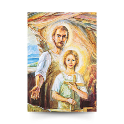Cartolina San Giuseppe e Gesù ragazzo. Sul retro "San Giuseppe, aiutami a trovare lavoro"