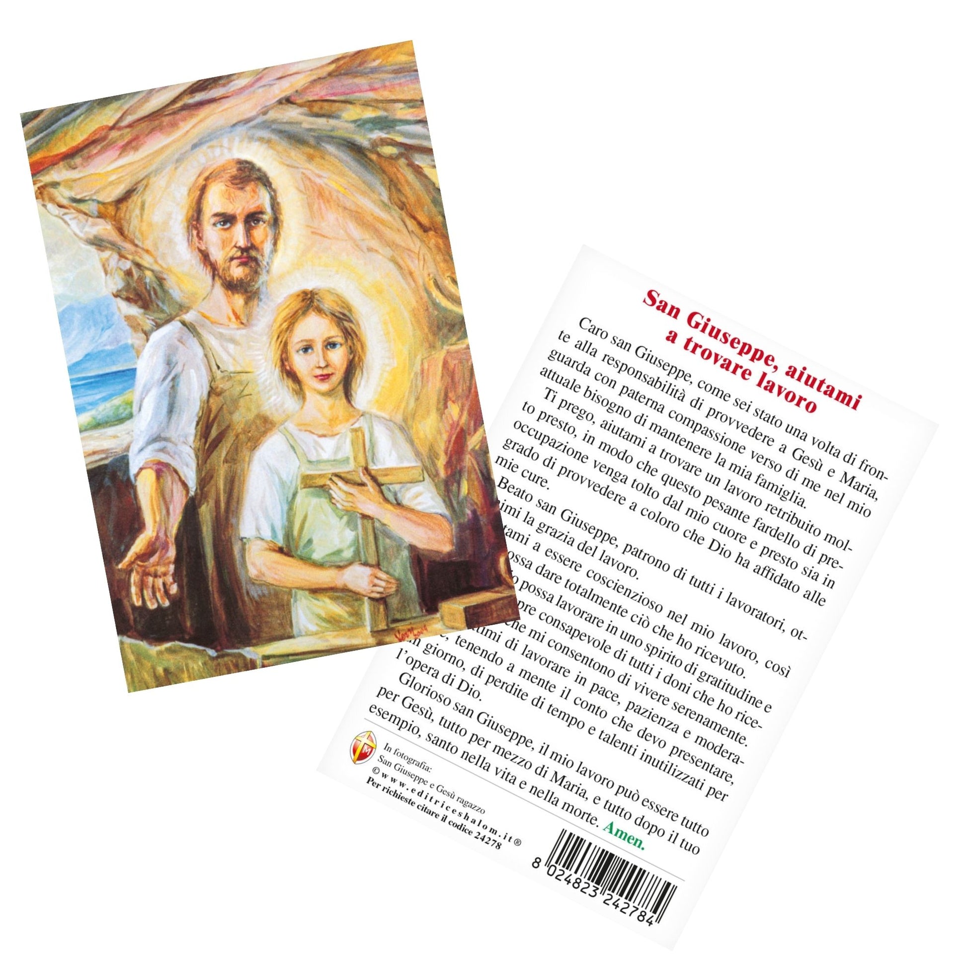 Cartolina San Giuseppe e Gesù ragazzo. Sul retro "San Giuseppe, aiutami a trovare lavoro"