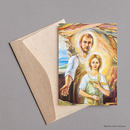 Cartolina San Giuseppe e Gesù ragazzo. Sul retro "San Giuseppe, aiutami a trovare lavoro"