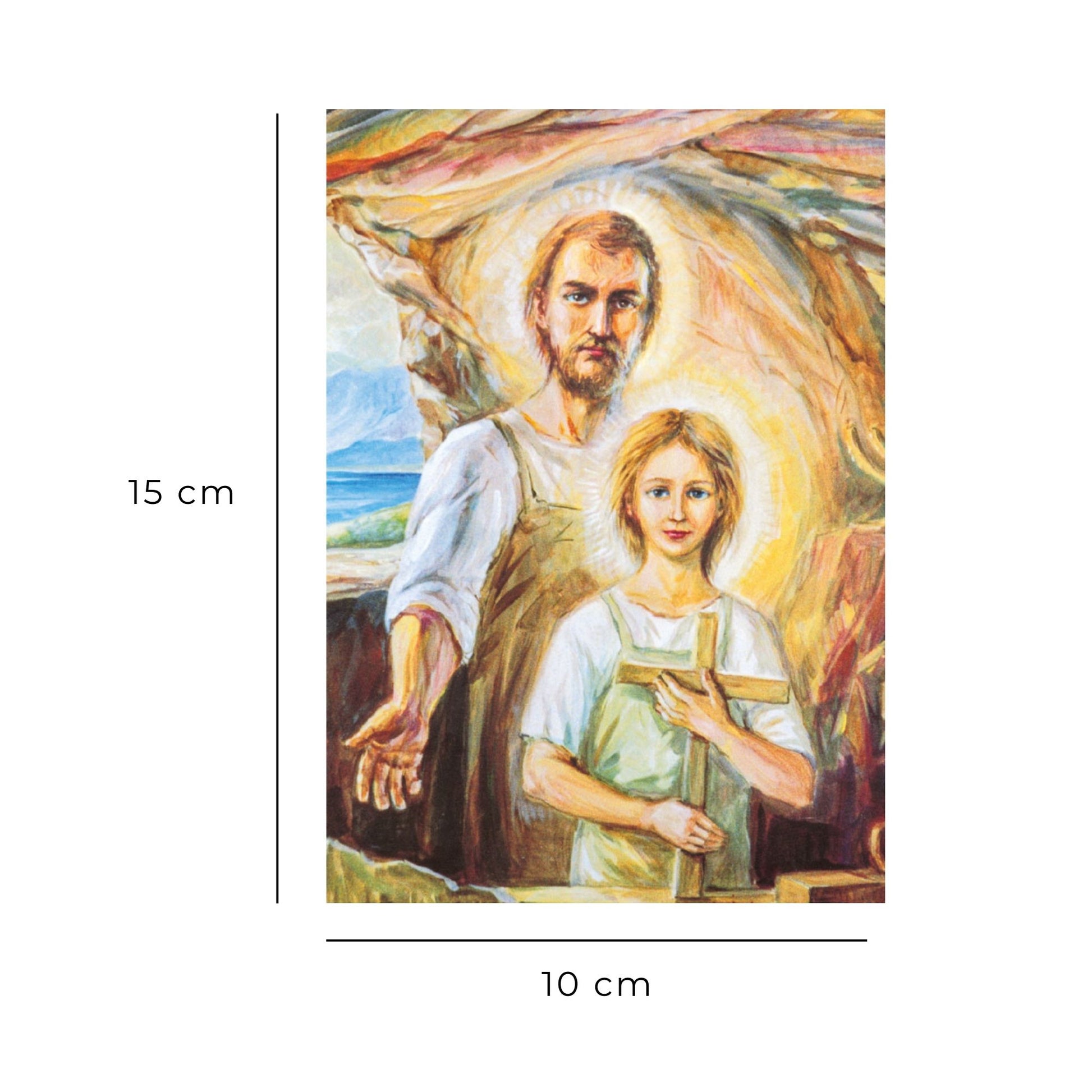 Cartolina San Giuseppe e Gesù ragazzo. Sul retro "San Giuseppe, aiutami a trovare lavoro"