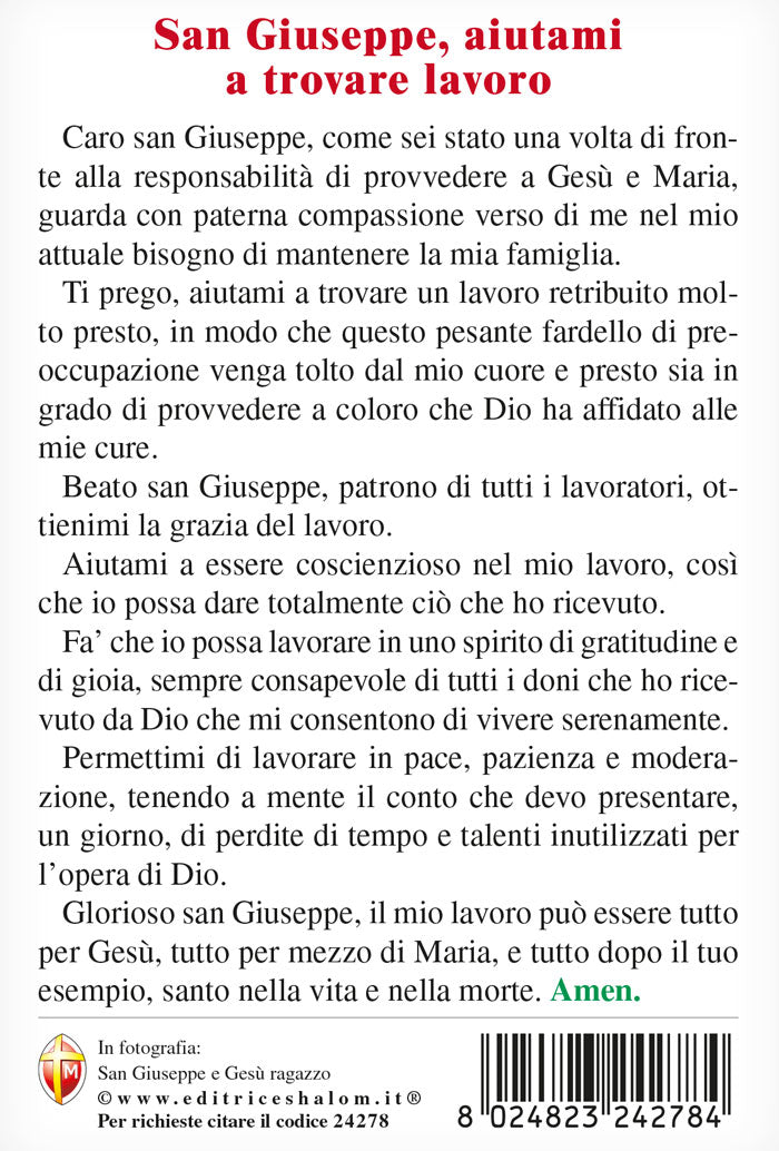 Cartolina San Giuseppe e Gesù ragazzo. Sul retro "San Giuseppe, aiutami a trovare lavoro"