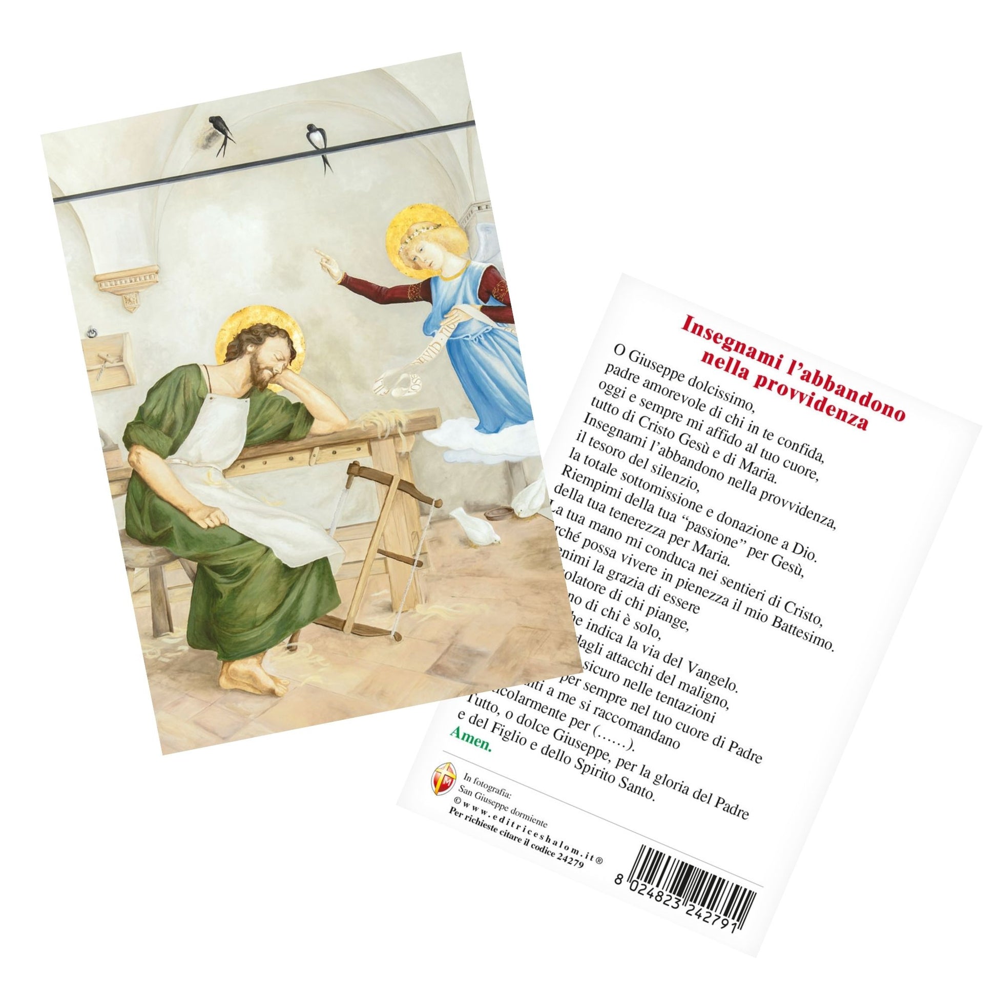 Cartolina San Giuseppe dormiente. Sul retro "Insegnami l'abbandono nella provvidenza"