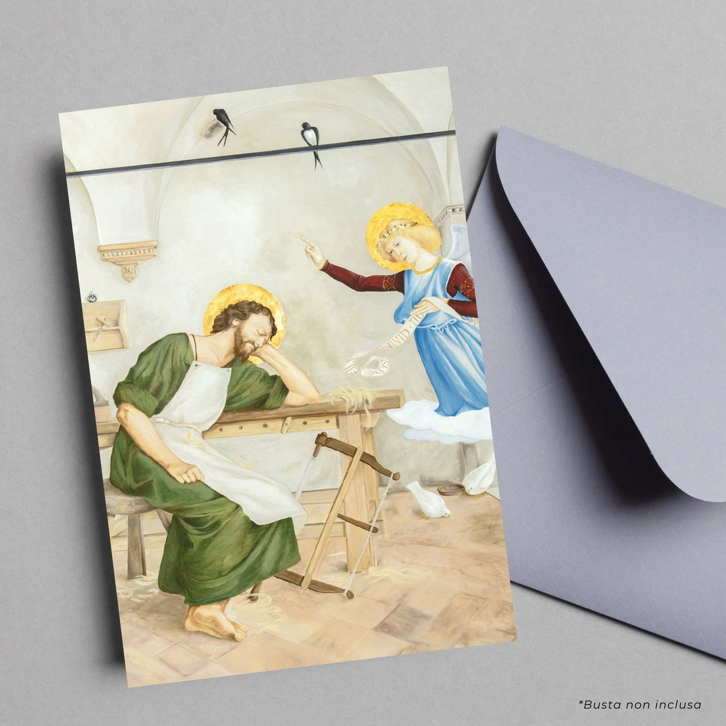 Cartolina San Giuseppe dormiente. Sul retro "Insegnami l'abbandono nella provvidenza"