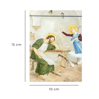 Cartolina San Giuseppe dormiente. Sul retro "Insegnami l'abbandono nella provvidenza"